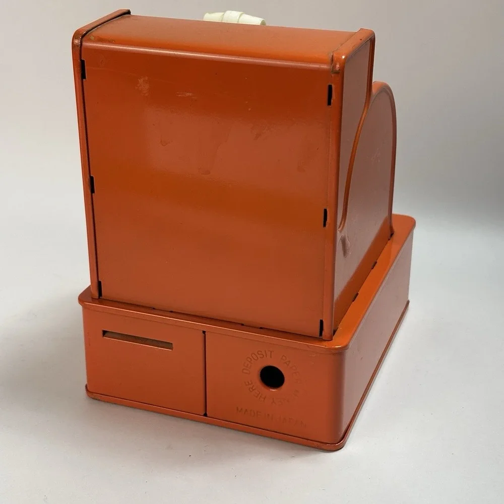 Vintage Orange Uncle Sam's 3 Coin Register Bank Metal Nickel Dime Quarters Japan